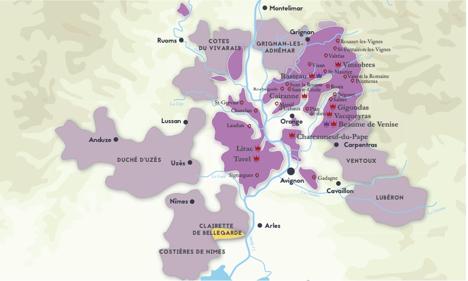 Vínsvæði í suður-Rhône. Svæði innan Côtes du Rhône eru fjólublá, svæði utan CDR eru grá.